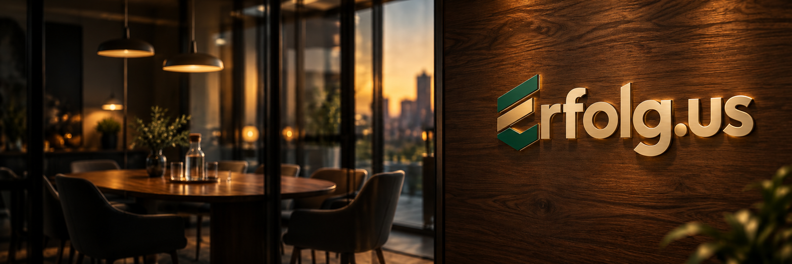 Besprechungsraum mit Holzwand und dem neuen Erfolg.us-Logo in Grün und Gold