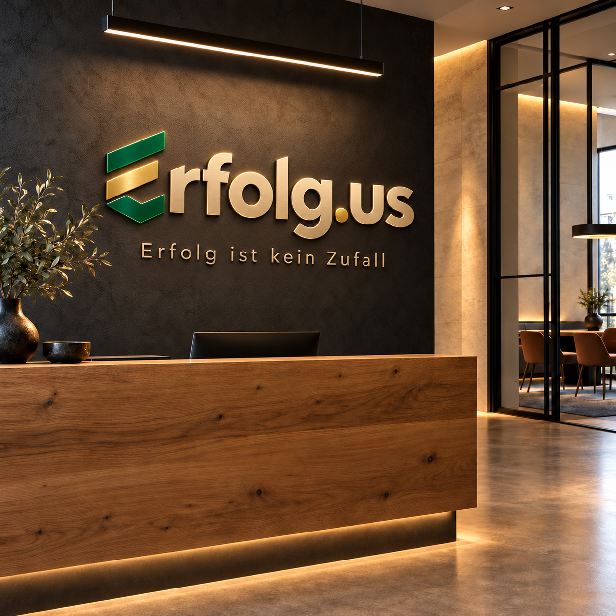 Empfangsbereich mit dem neuen Erfolg.us-Logo und dem Schriftzug Erfolg ist kein Zufall